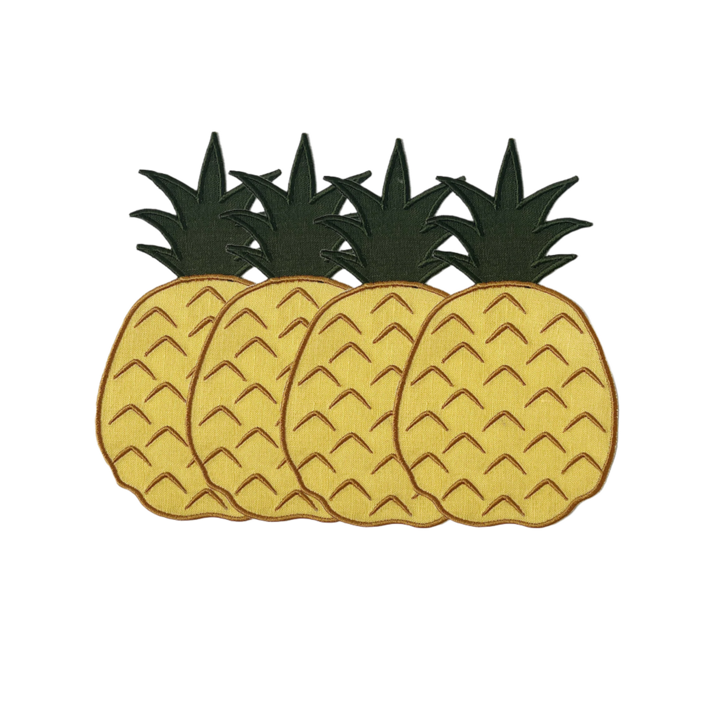 A set of four cocktail napkins with a pineapple design, featuring a green and yellow color scheme on a white background.