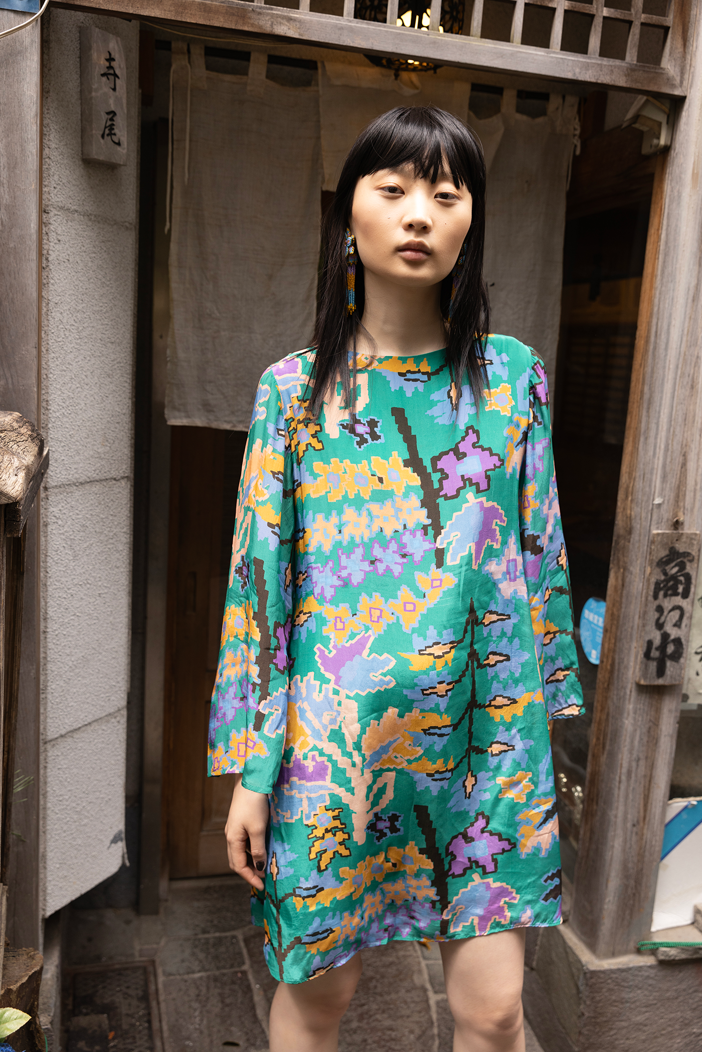 Long Sleeve Mini Shift- Bukhara Green