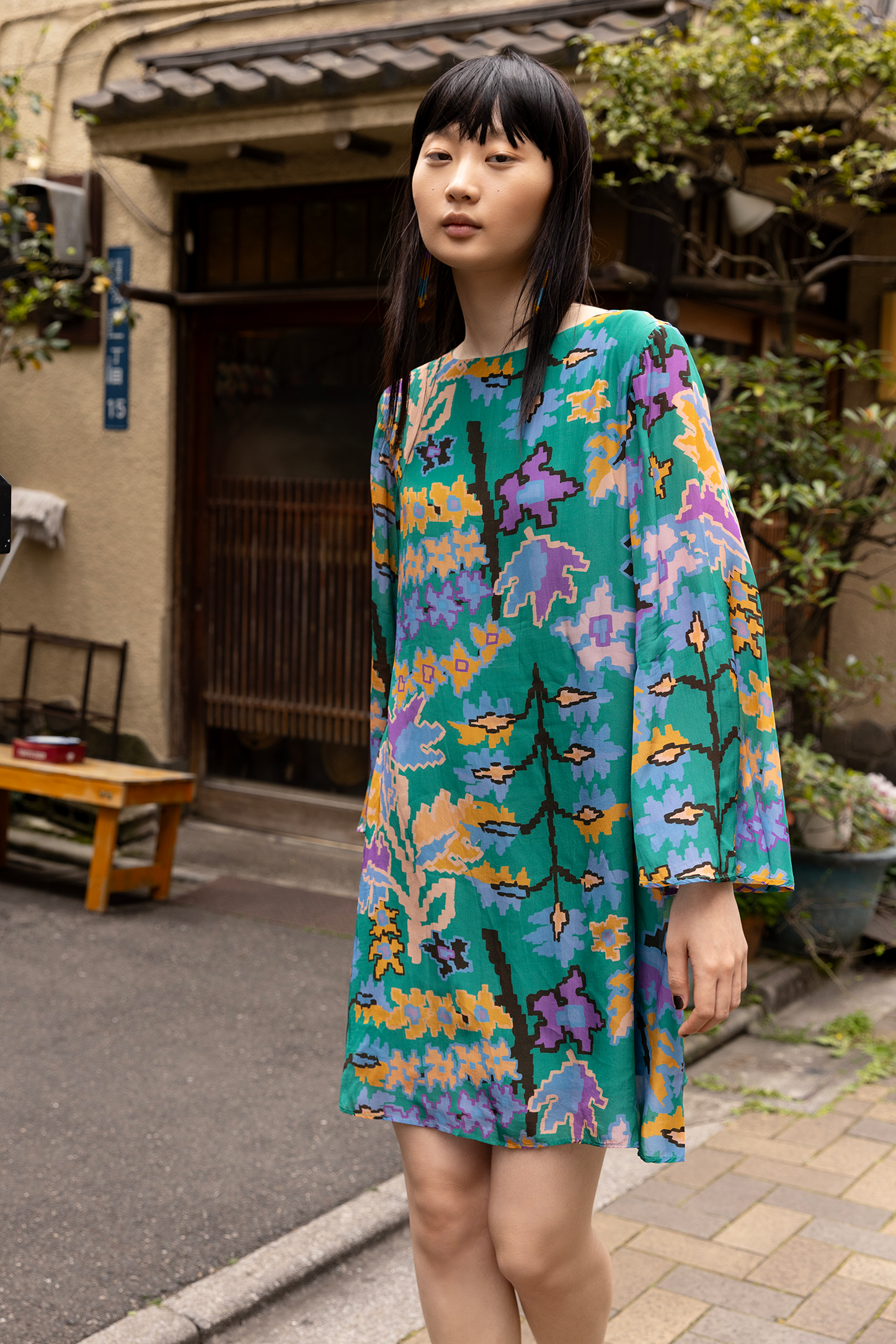 Long Sleeve Mini Shift- Bukhara Green