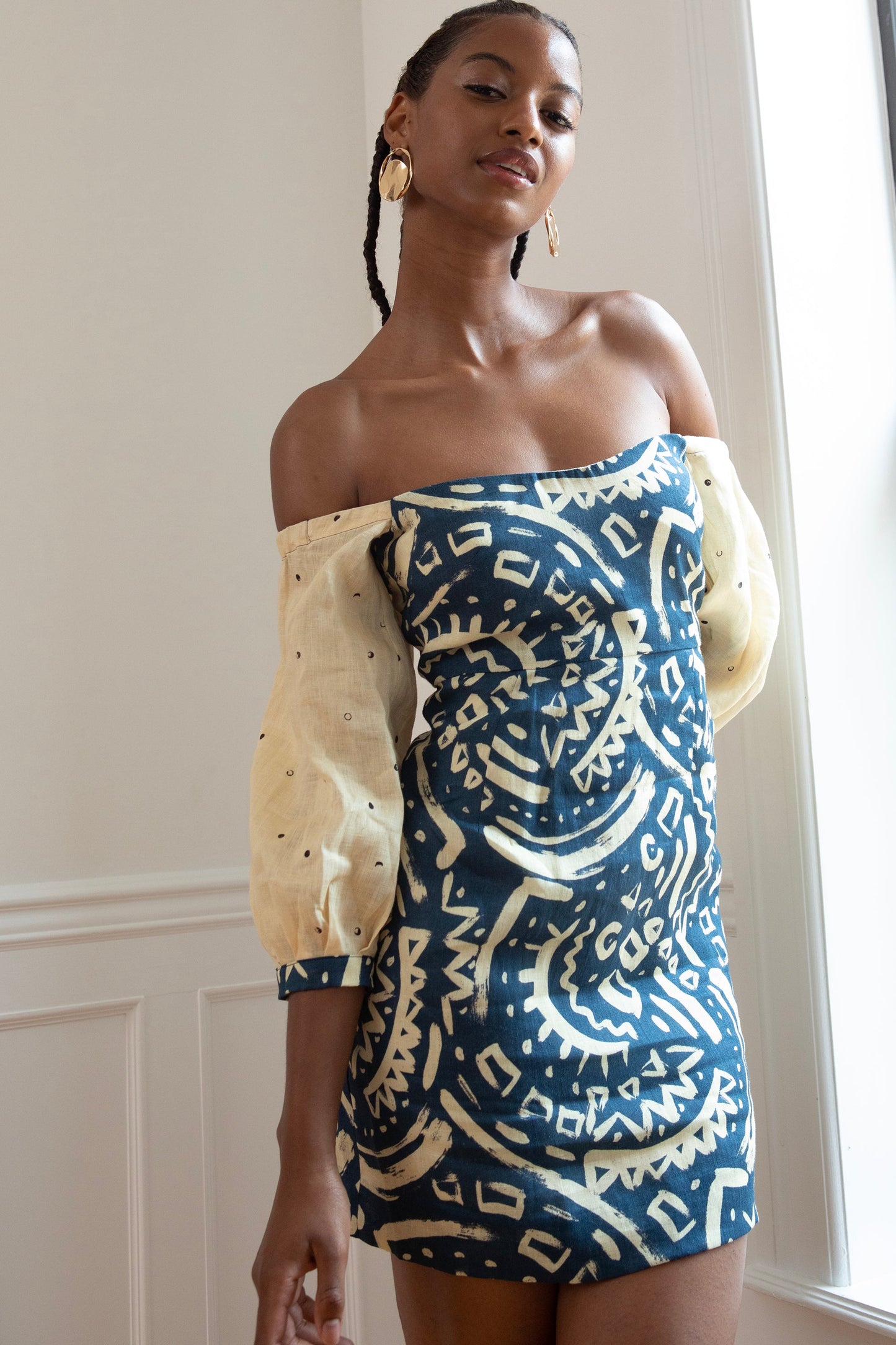 Clementine Dress - Tribal Tan Black in Lightweight Linen