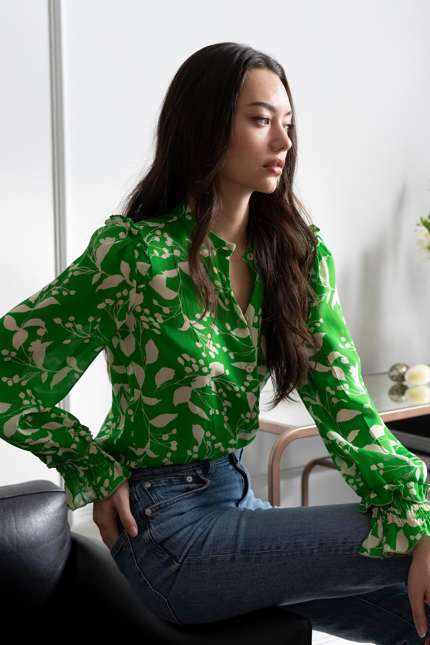 Cosette Blouse - Floral Green Silk