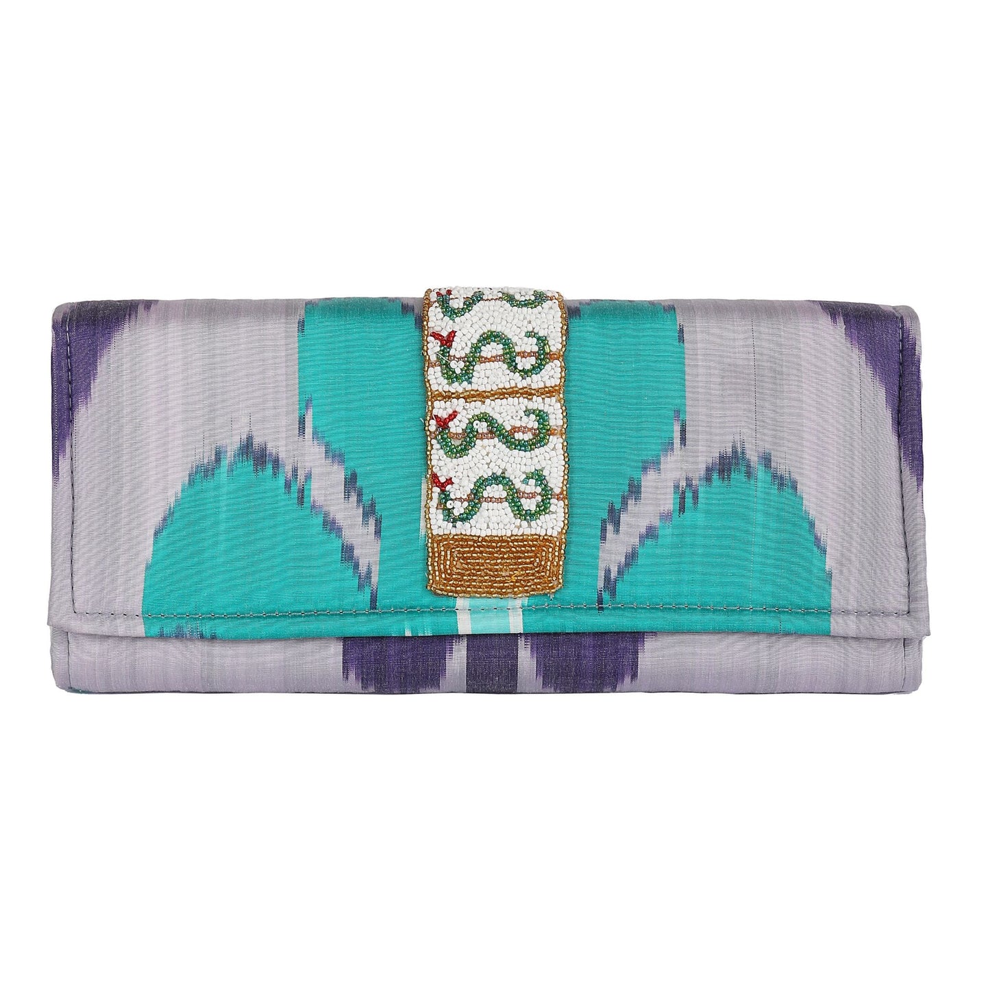 Du Monde Collection - Bacchus Damballah Silk Ikat Clutch- Lavender, Teal