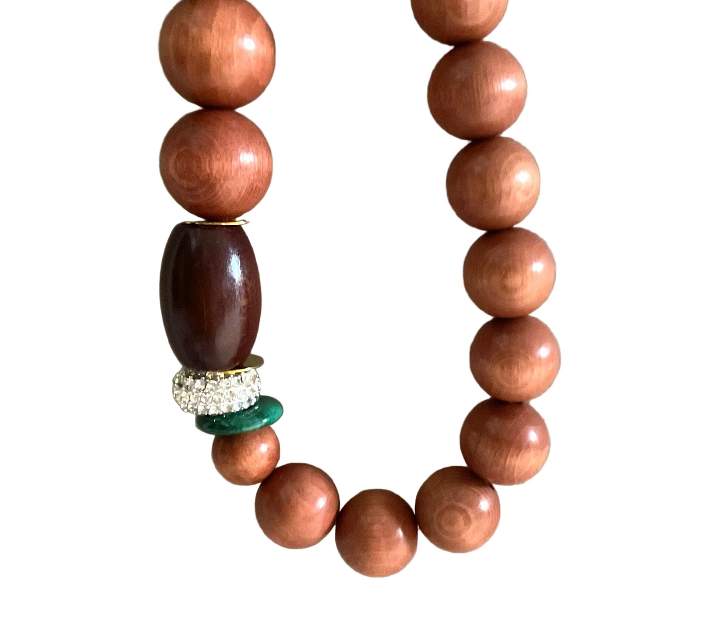 Long Wooden Bead Necklace with Malachite