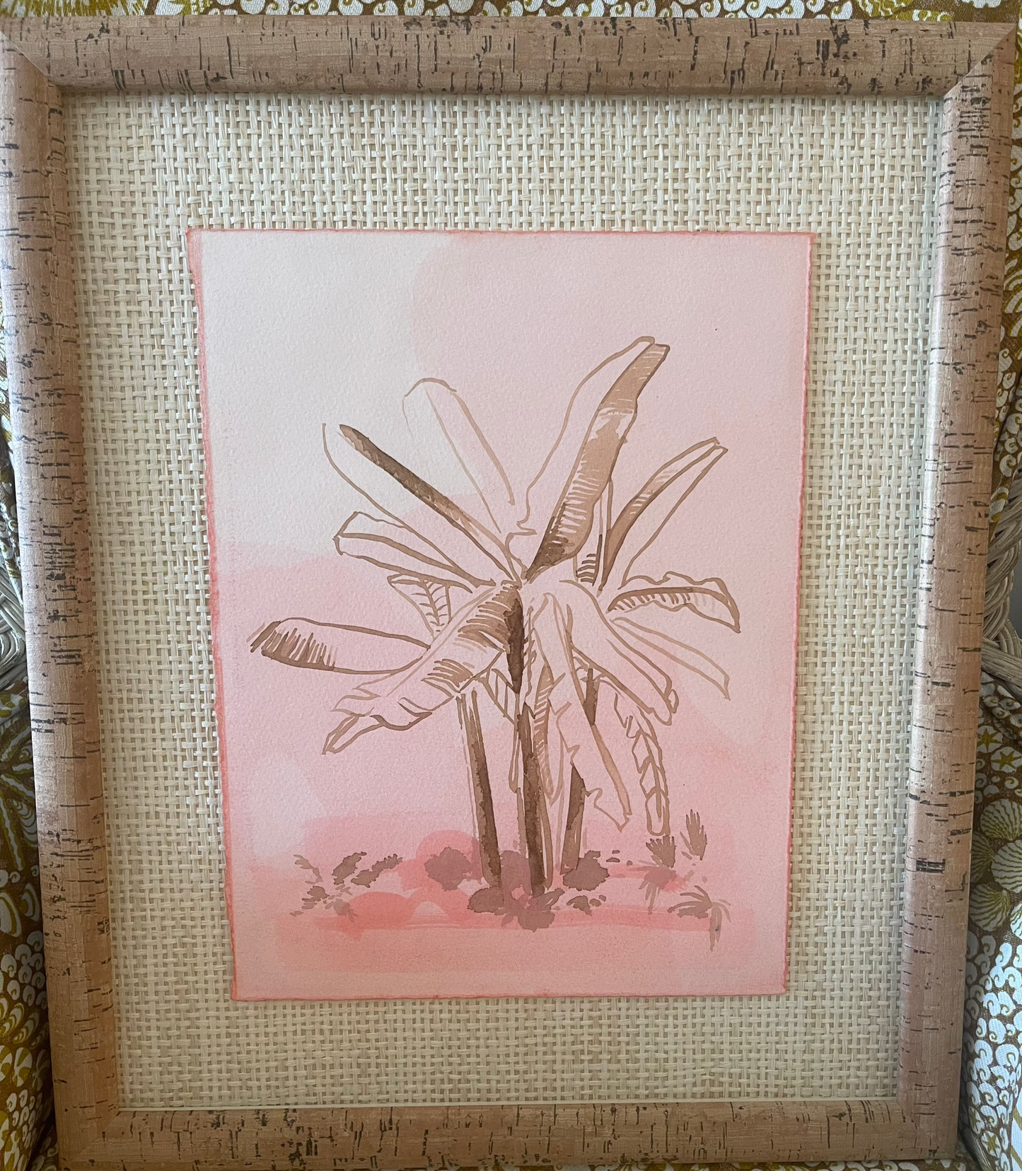 Original Pink Palm Watercolor in Custom Cork Frame with Grasscloth Matte