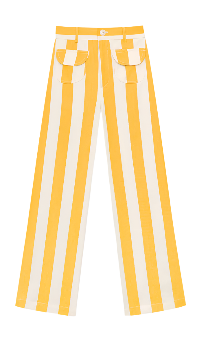 Parasol pants in yellow and white vertical stripes, patch pockets