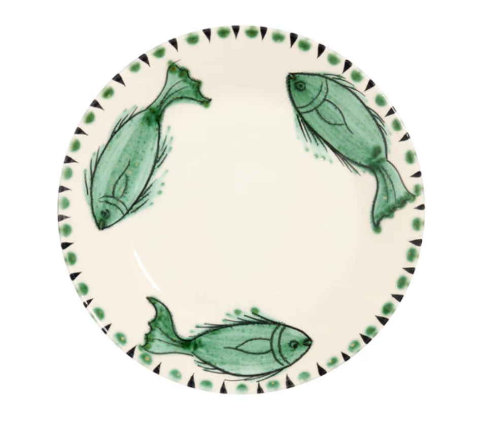 Bertie dessert plate, cream with green fish pattern, round