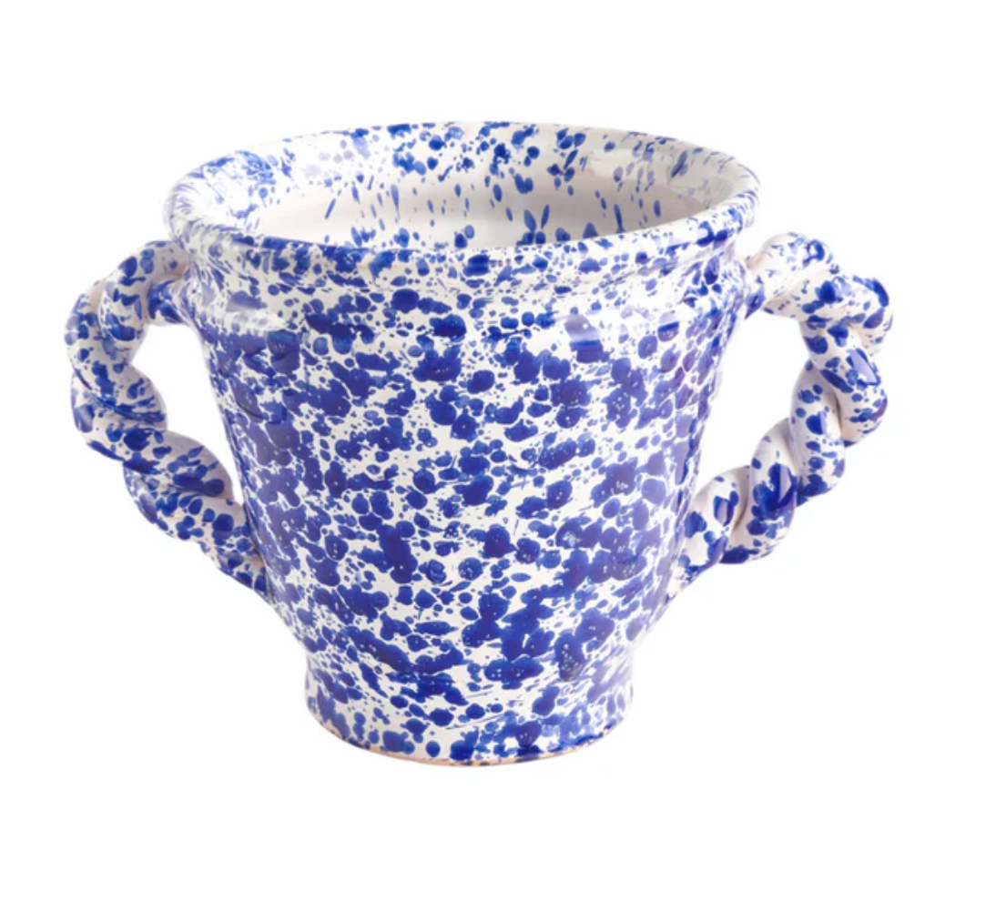 Cobalt and white speckled cache pot with twisted loop handles
