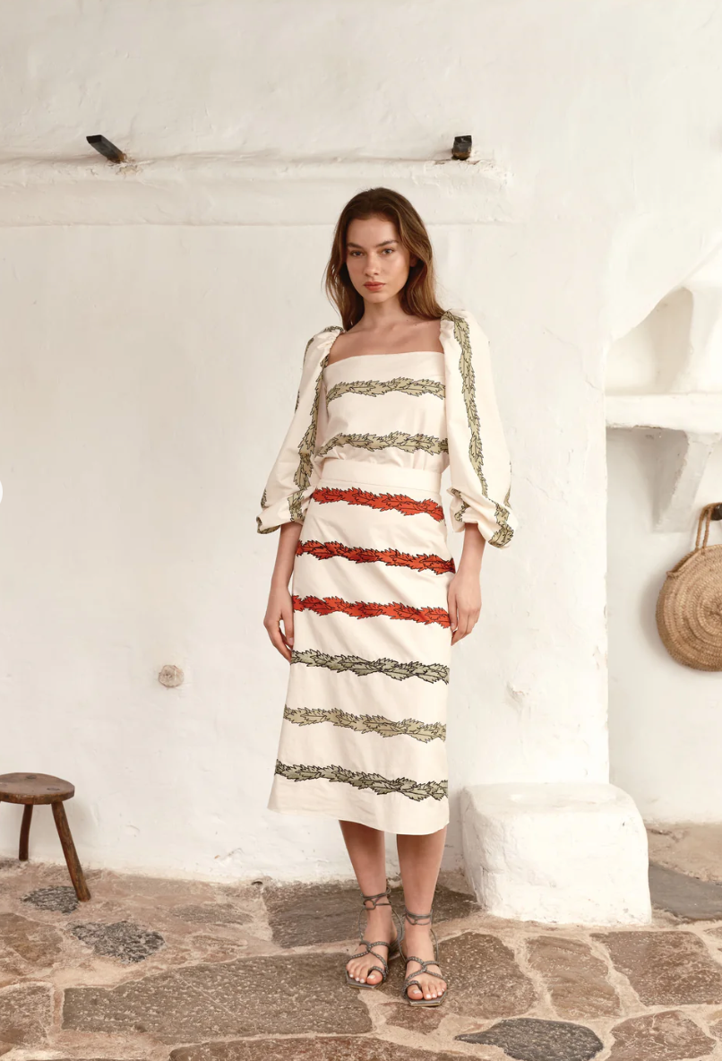 El Carmen Embroidered Cotton Midi Skirt / Ivory Striped Helechos