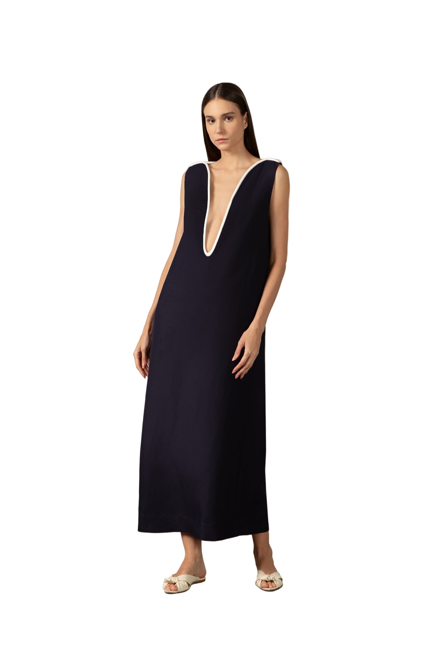 Bi-Color Deep V-Neck Maxi Dress