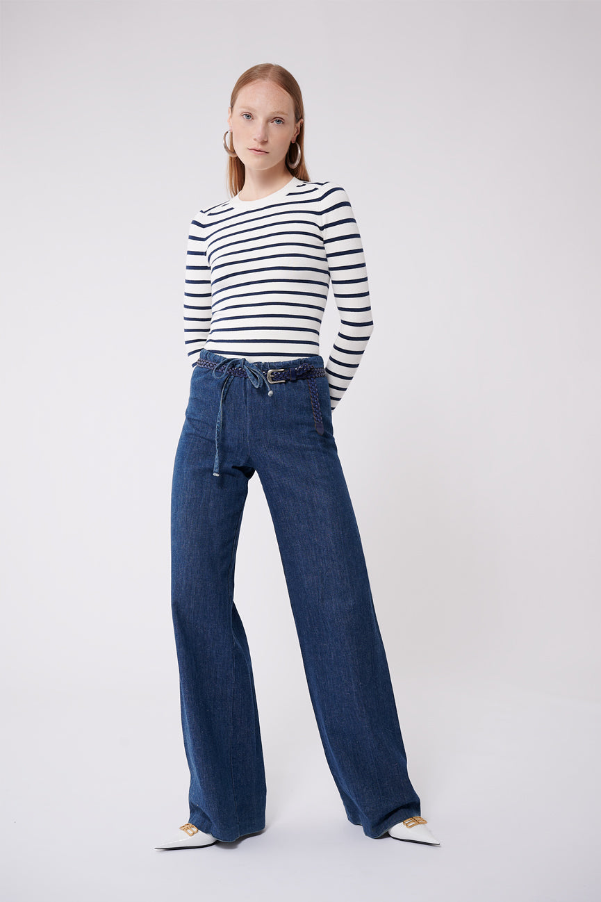 Marine Stripe Peachskin Long Sleeve Crew Neck