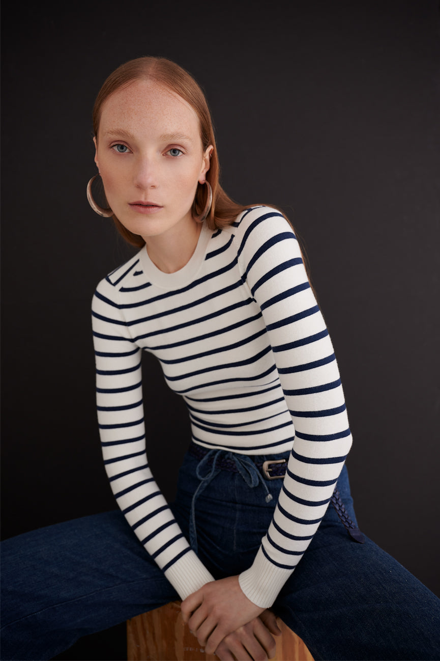 Marine Stripe Peachskin Long Sleeve Crew Neck