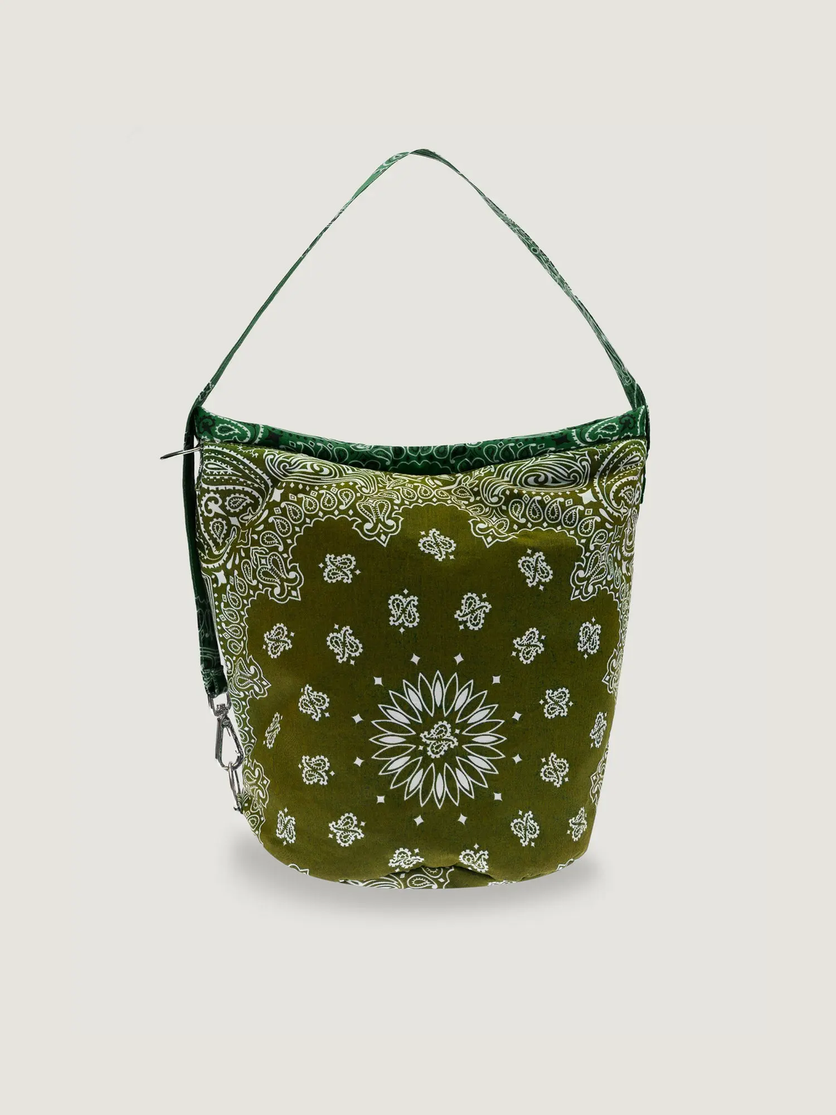 Maxi Seau bucket bag in olive green with white paisley print and a shoulder strap