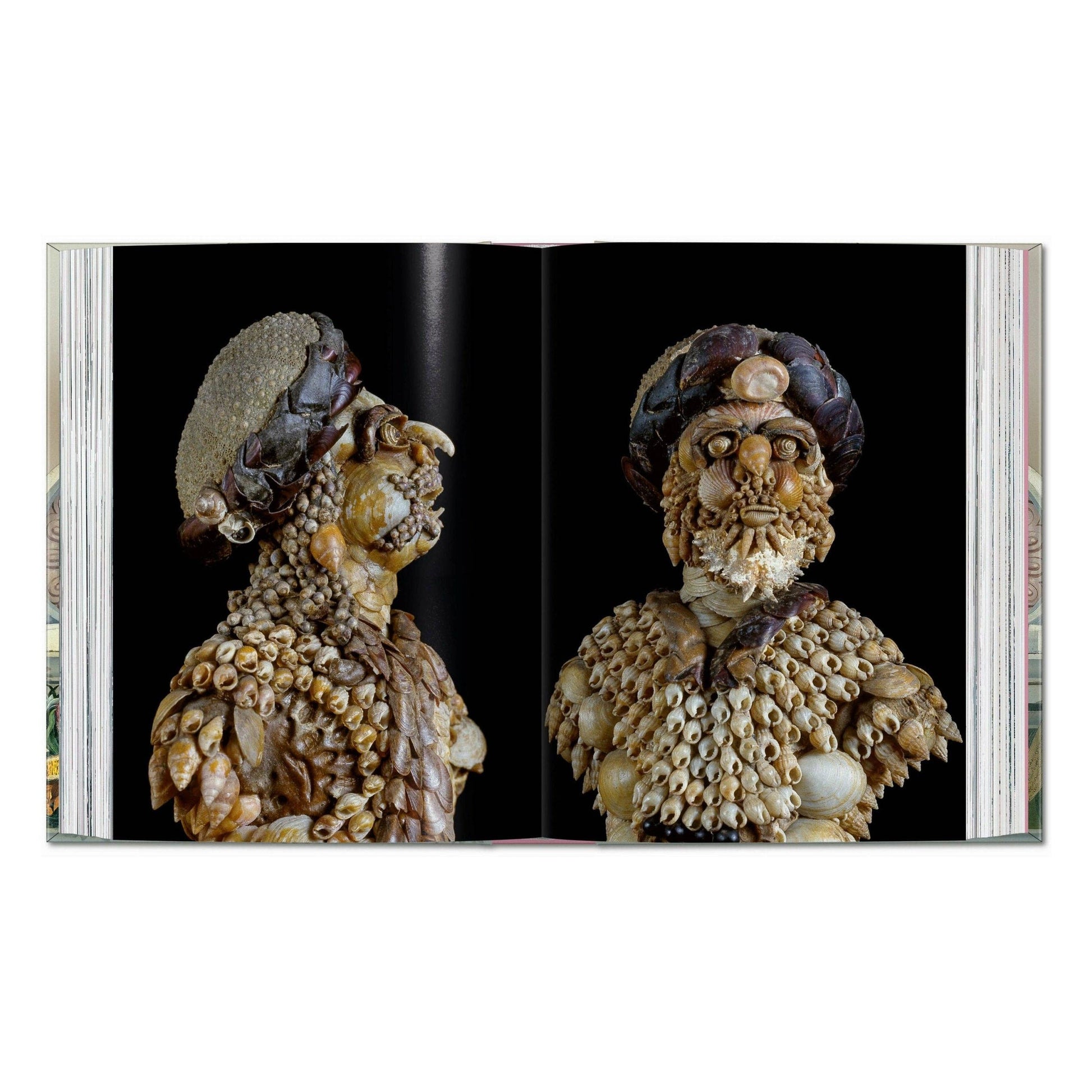 Cabinet of Curiosities book spread with two ornate animal-like figures in resin