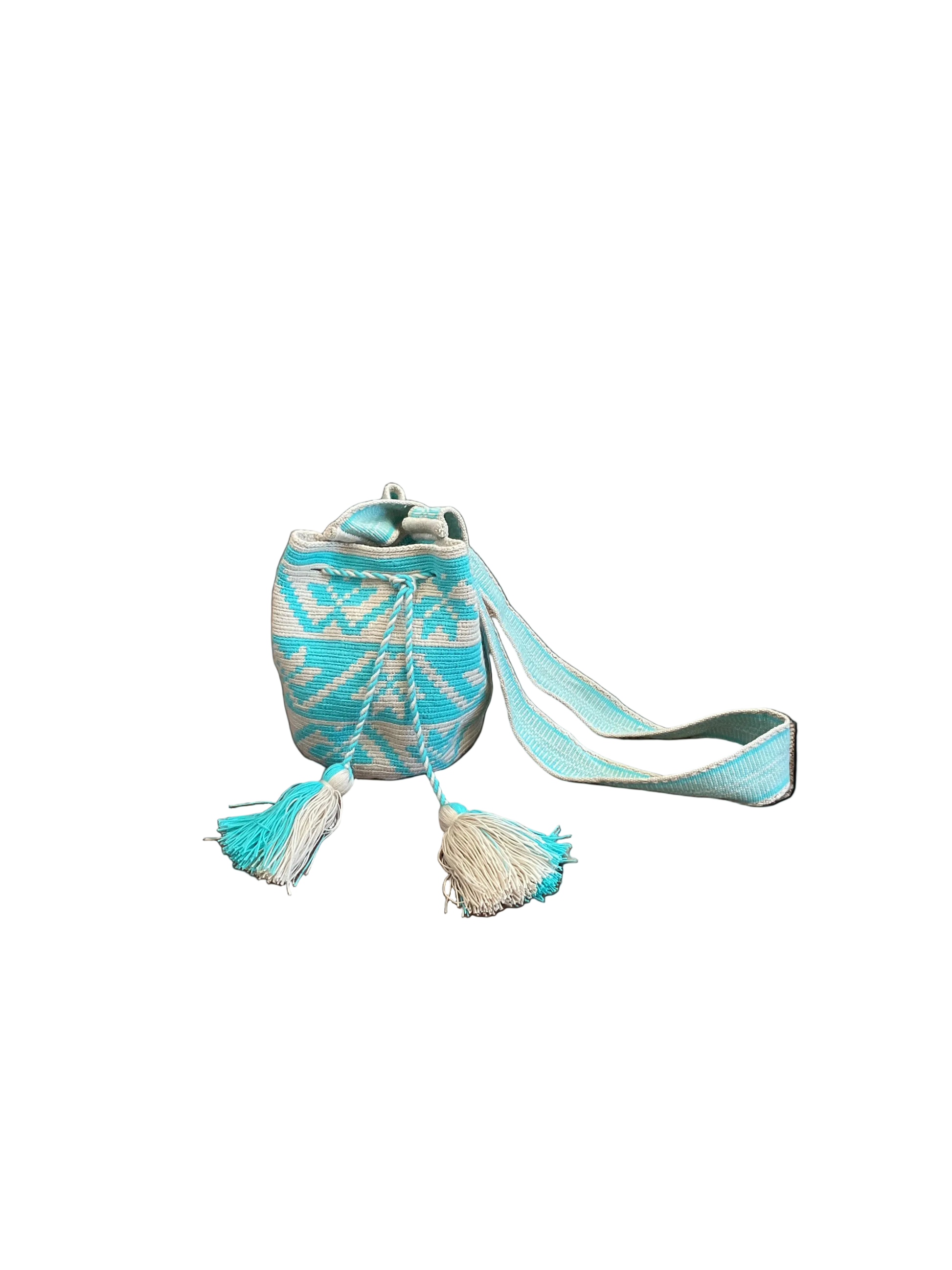 Crochet purse in light blue with braided strap and dangling tassel trim