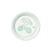 Round paper plate with green botanical leaf border and central leaf design