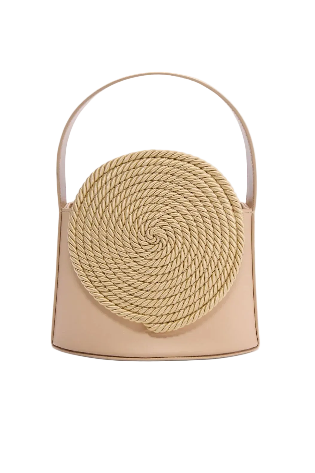 Woven straw round bag with spiral pattern front and beige leather handle