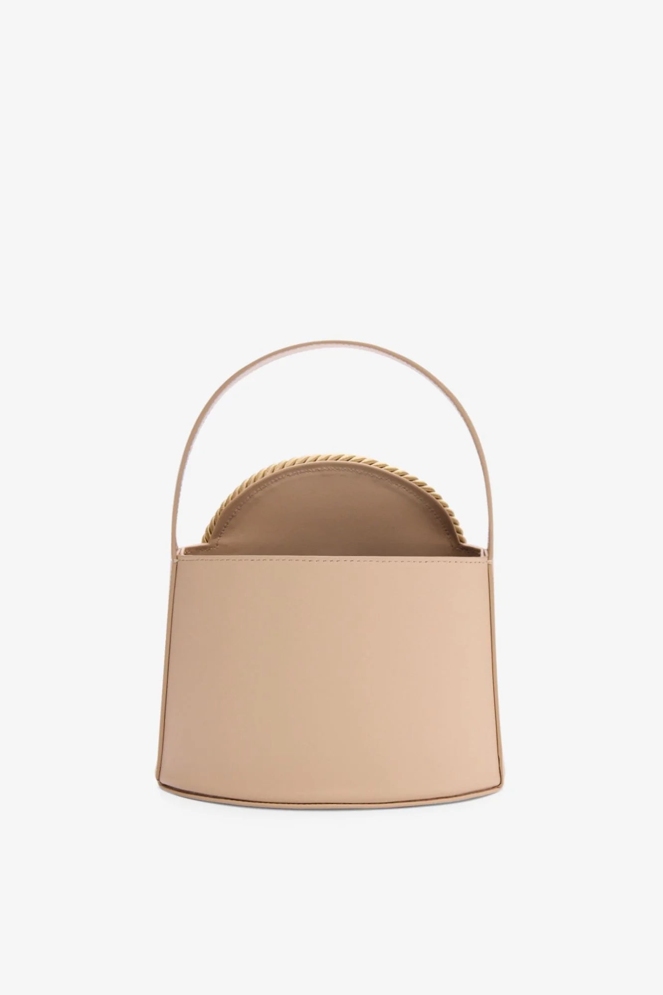 Round woven straw tote with beige leather body and top handle