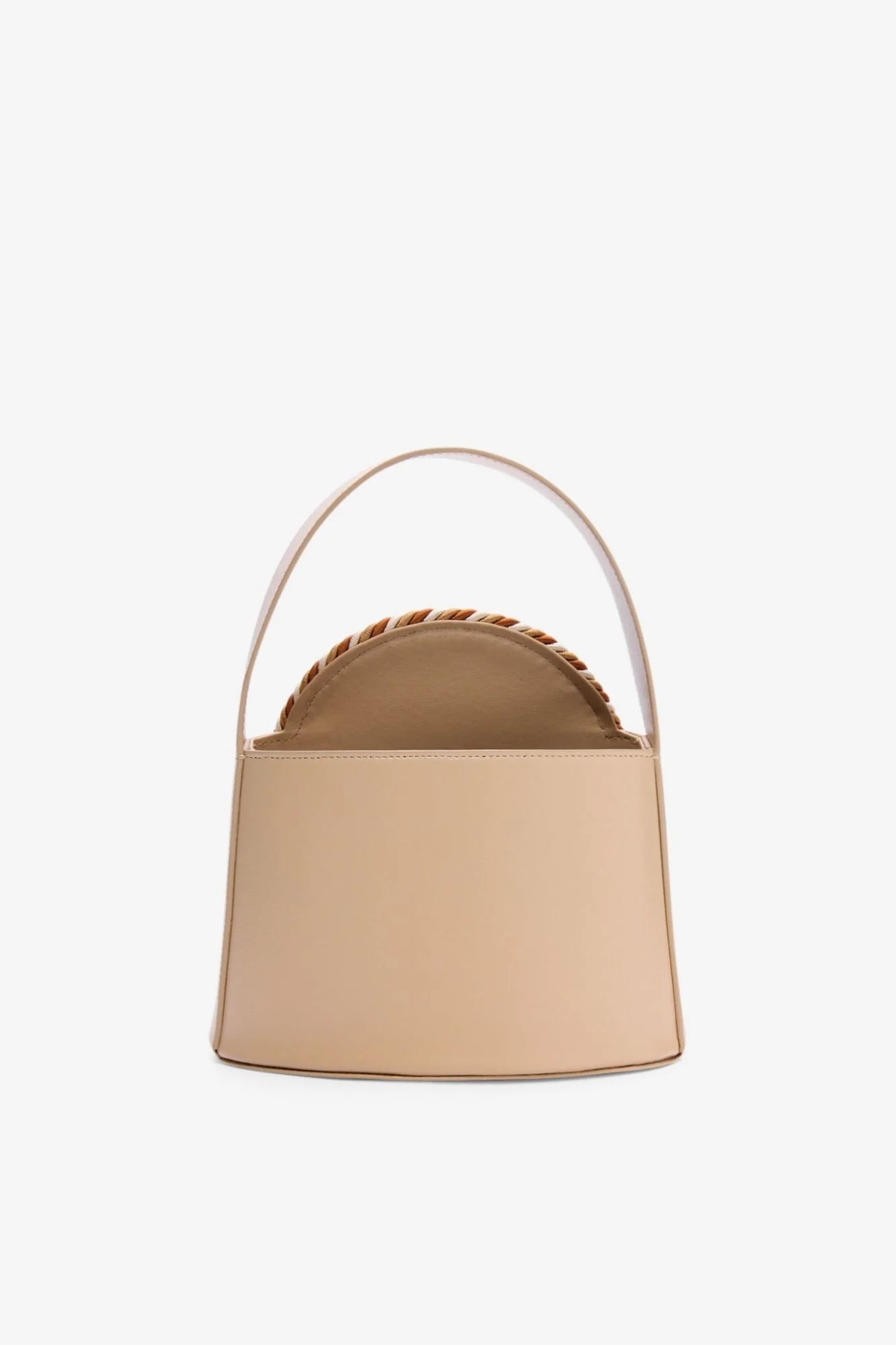 Beige structured tote bag with top loop handle and cutout opening front