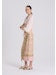 Pink and gold patterned wrap midi skirt with vertical border and tie at waist