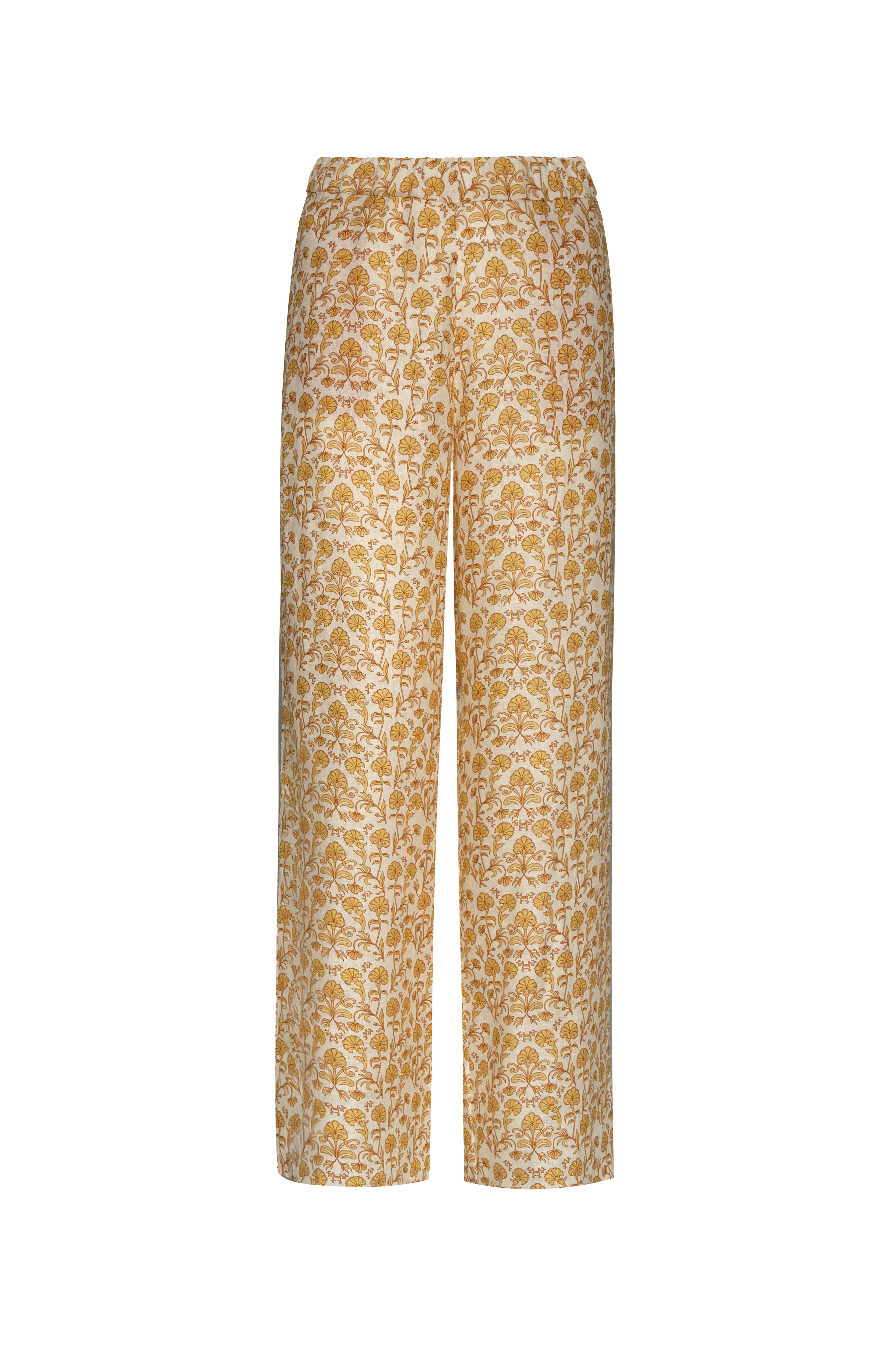 Linen pant with allover gold floral pattern, wide straight legs, elastic waist