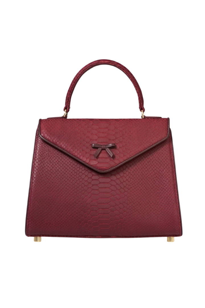 Hayden Lasher Sloane Belgian handbag in ox-blood snake leather, top handles, flap closure