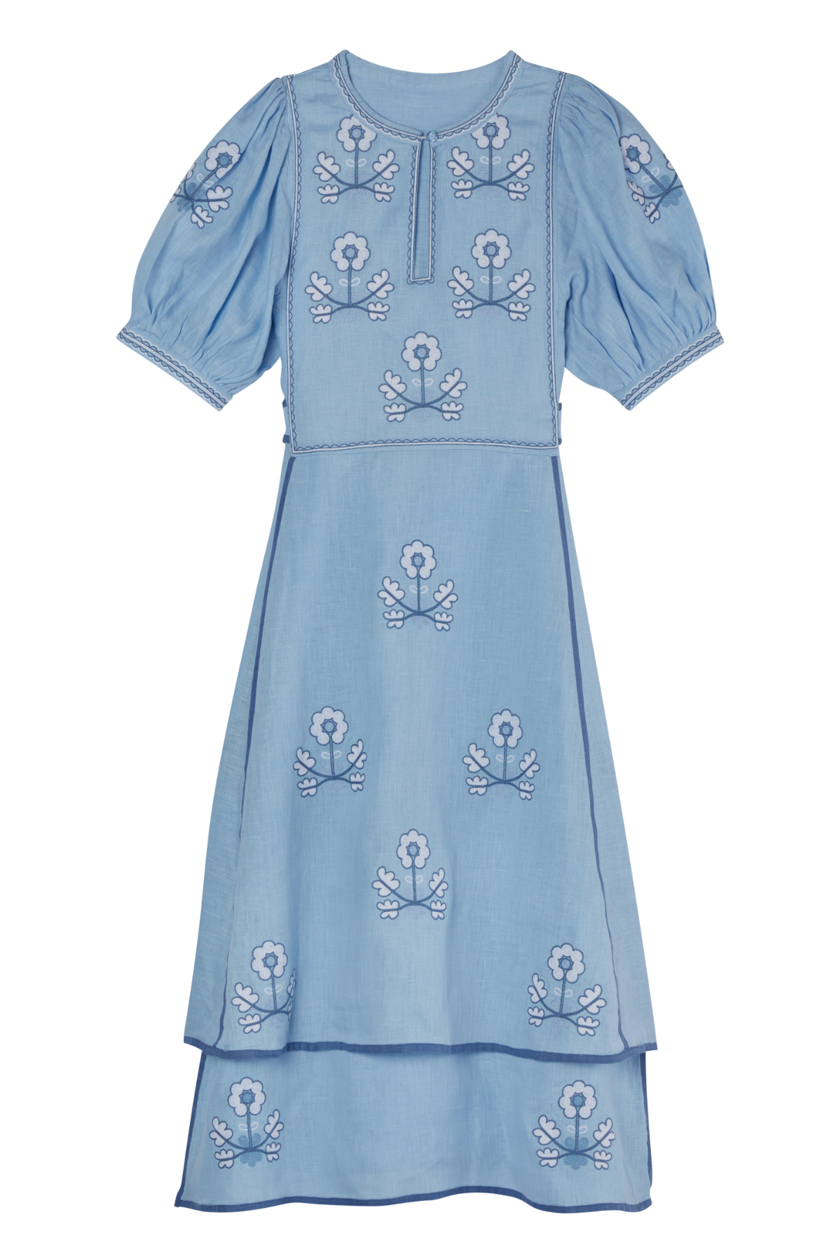 Lillie Ukrainian Embroidered Dress - Light Blue, White