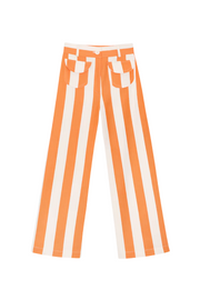 Orange and white vertical striped pants with elastic waistband