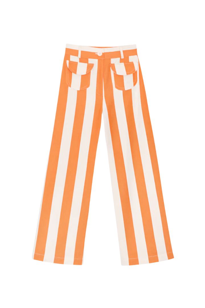 Orange and white striped wide-leg pants with buttoned waistband and side pockets