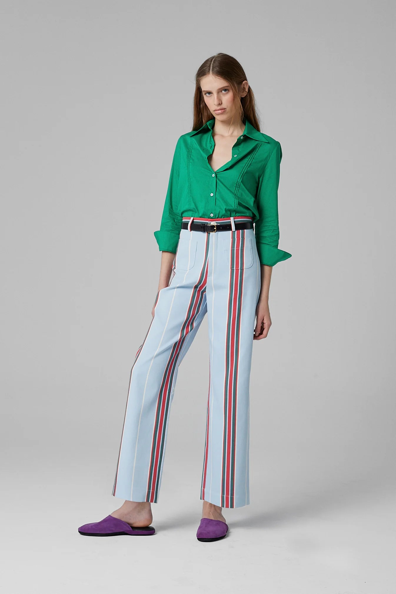 Light blue striped high-waisted cotton pants with button waistband