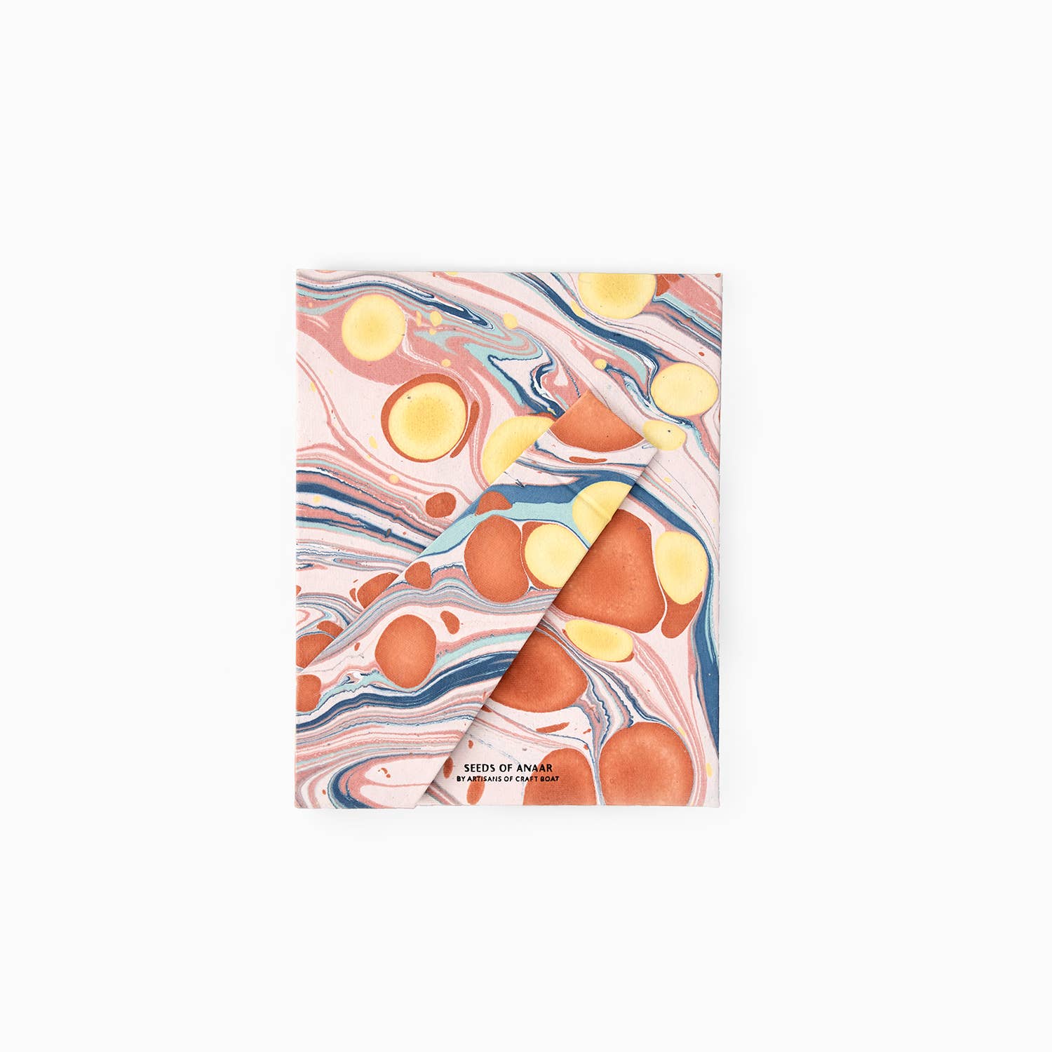 Hand marbled tabletop picture frame back with colorful pattern and small text