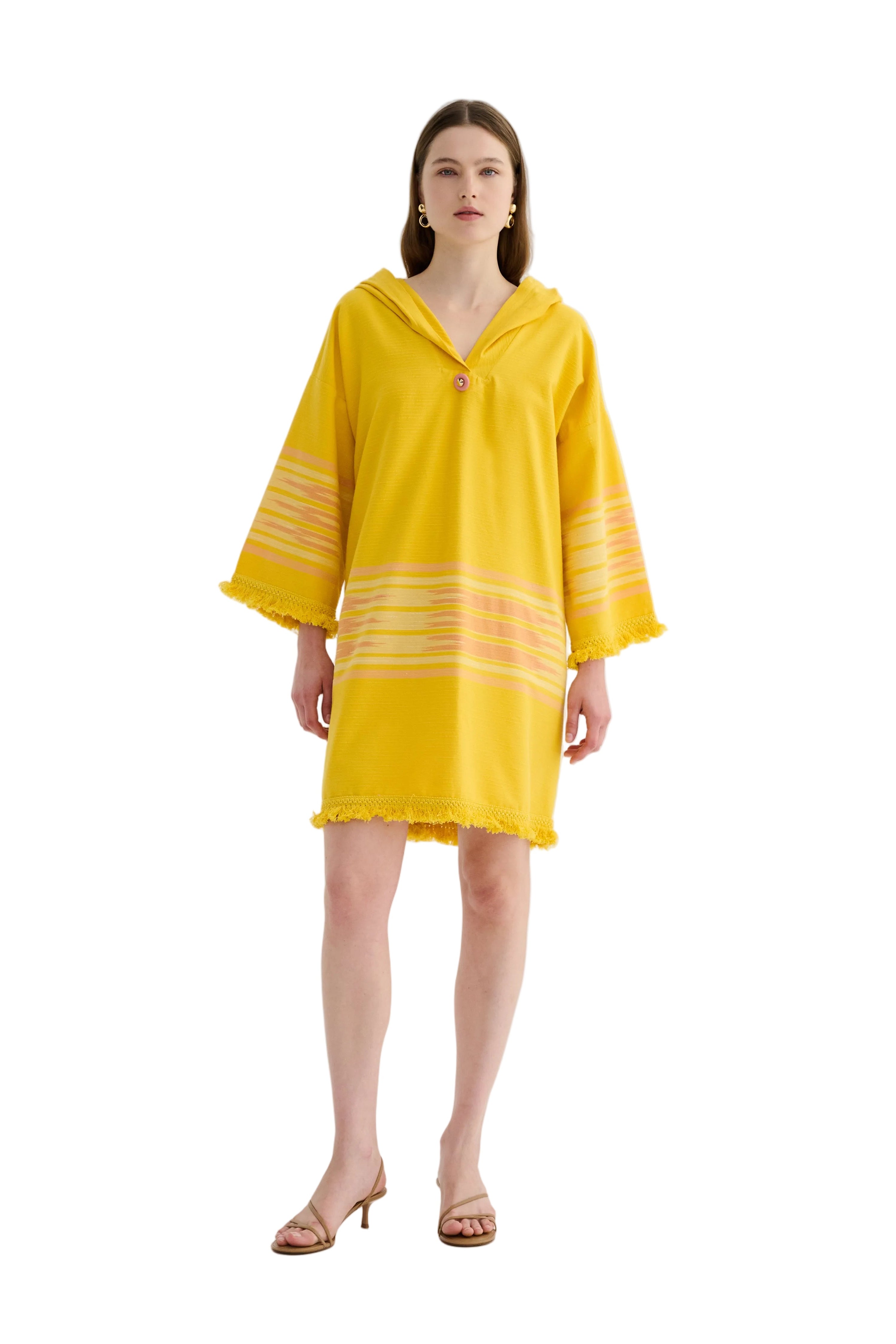 Yellow hooded mini dress with buttoned neckline and striped sleeves