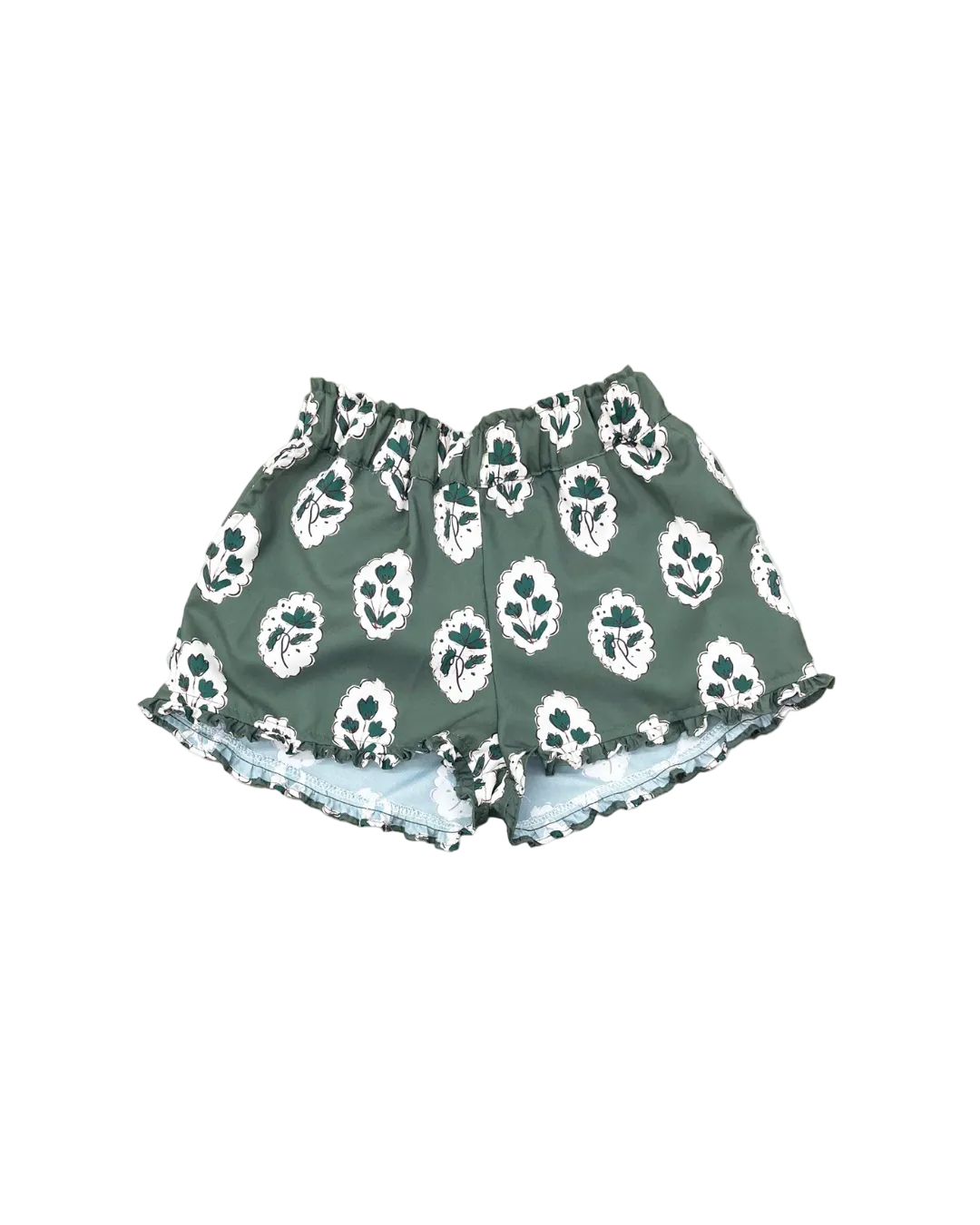 Girls Alcott green ruffle shorts with white floral print and blue ruffle trim