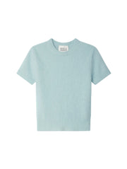White & Warren brushed cashmere tee, light blue crewneck with neck label, short sleeve