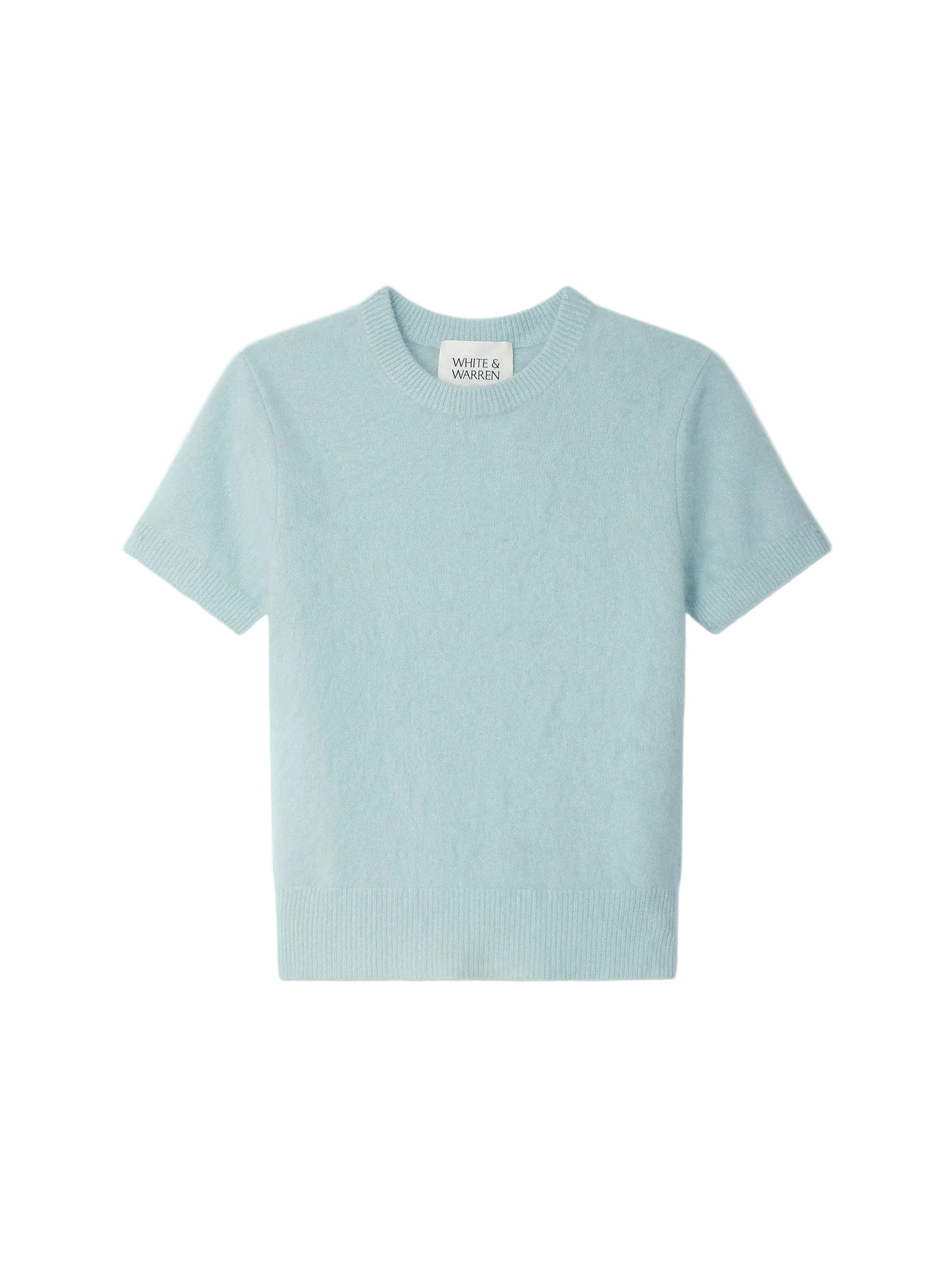 White & Warren brushed cashmere tee, light blue crewneck with neck label, short sleeve
