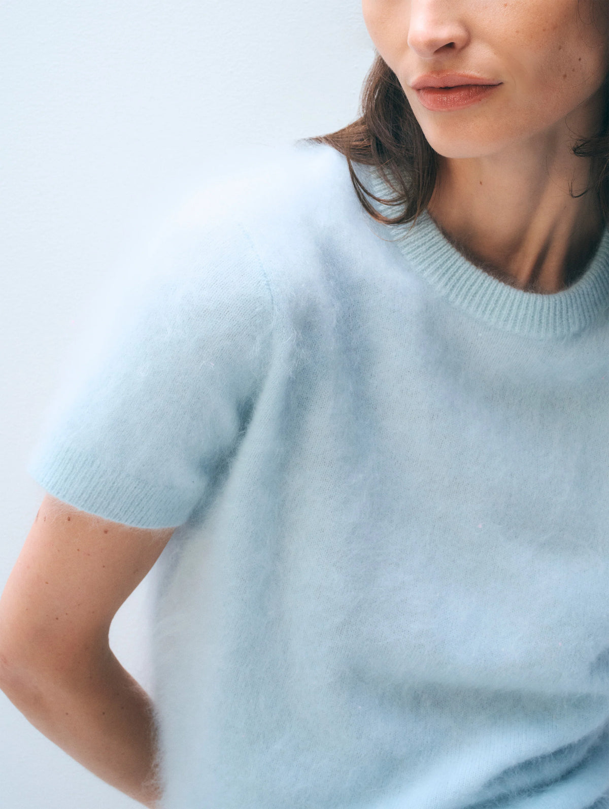 White & Warren brushed cashmere tee, light blue knit with ribbed crew neckline