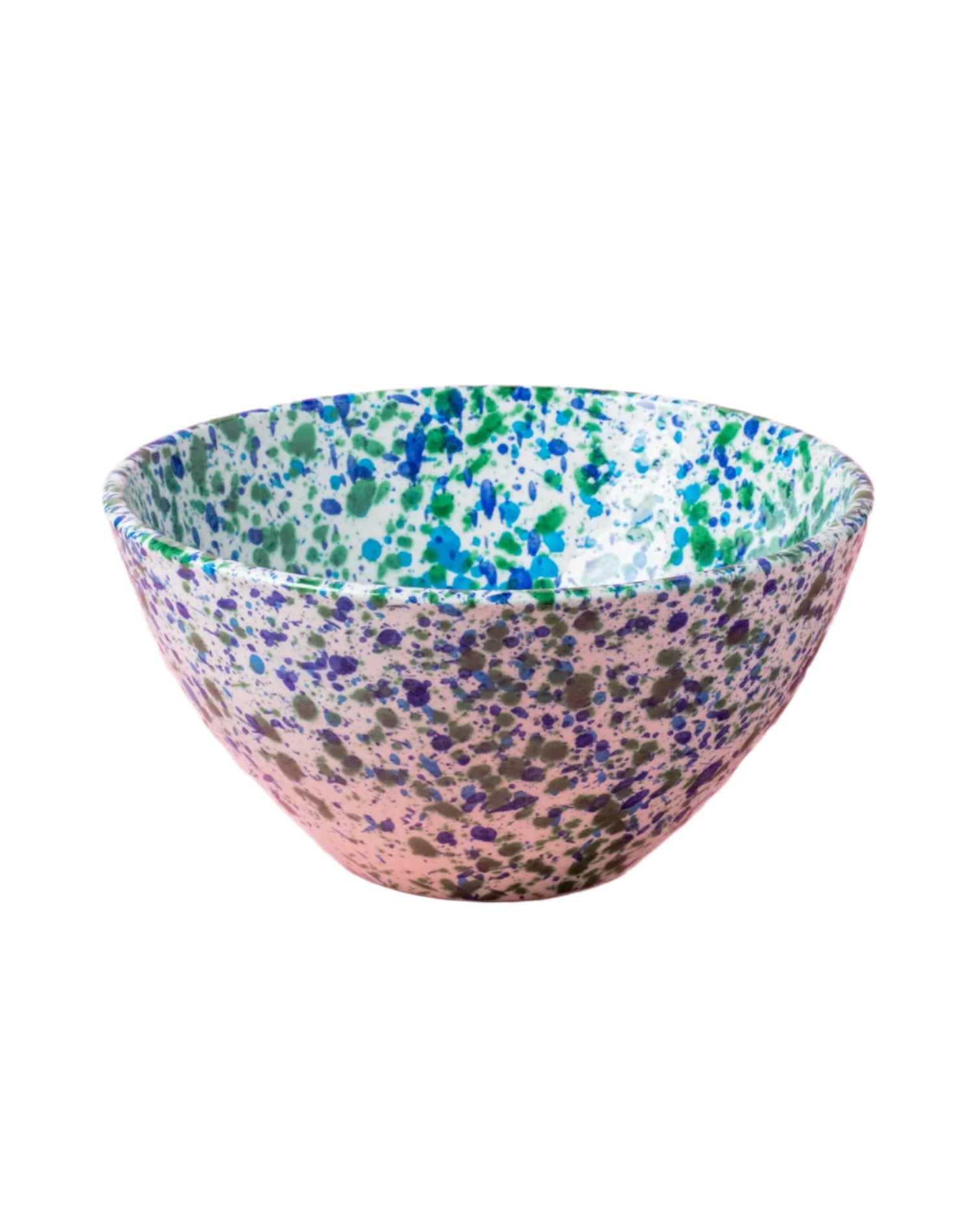 Large ceramic salad bowl with blue and green speckled pattern, rounded shape