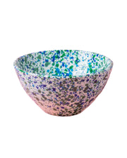 Large ceramic salad bowl with blue and green speckled pattern, rounded shape