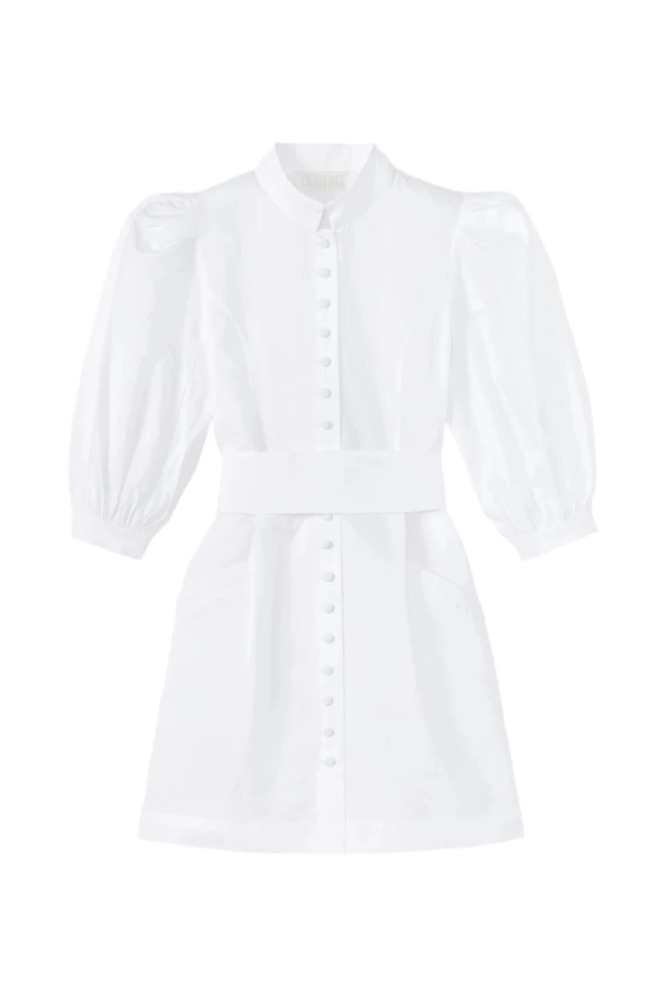 White short poplin dress with button front, stand collar, puff sleeves and gathered waist.