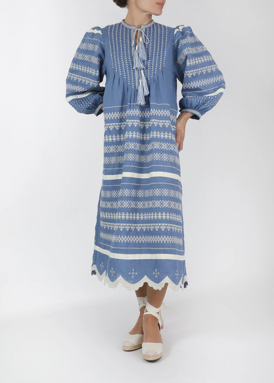 Kateryna Embroidered Ukrainian Dress - French Blue, White