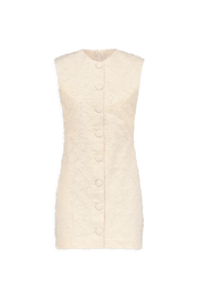 White mini dress with sleeveless cut and front button placket