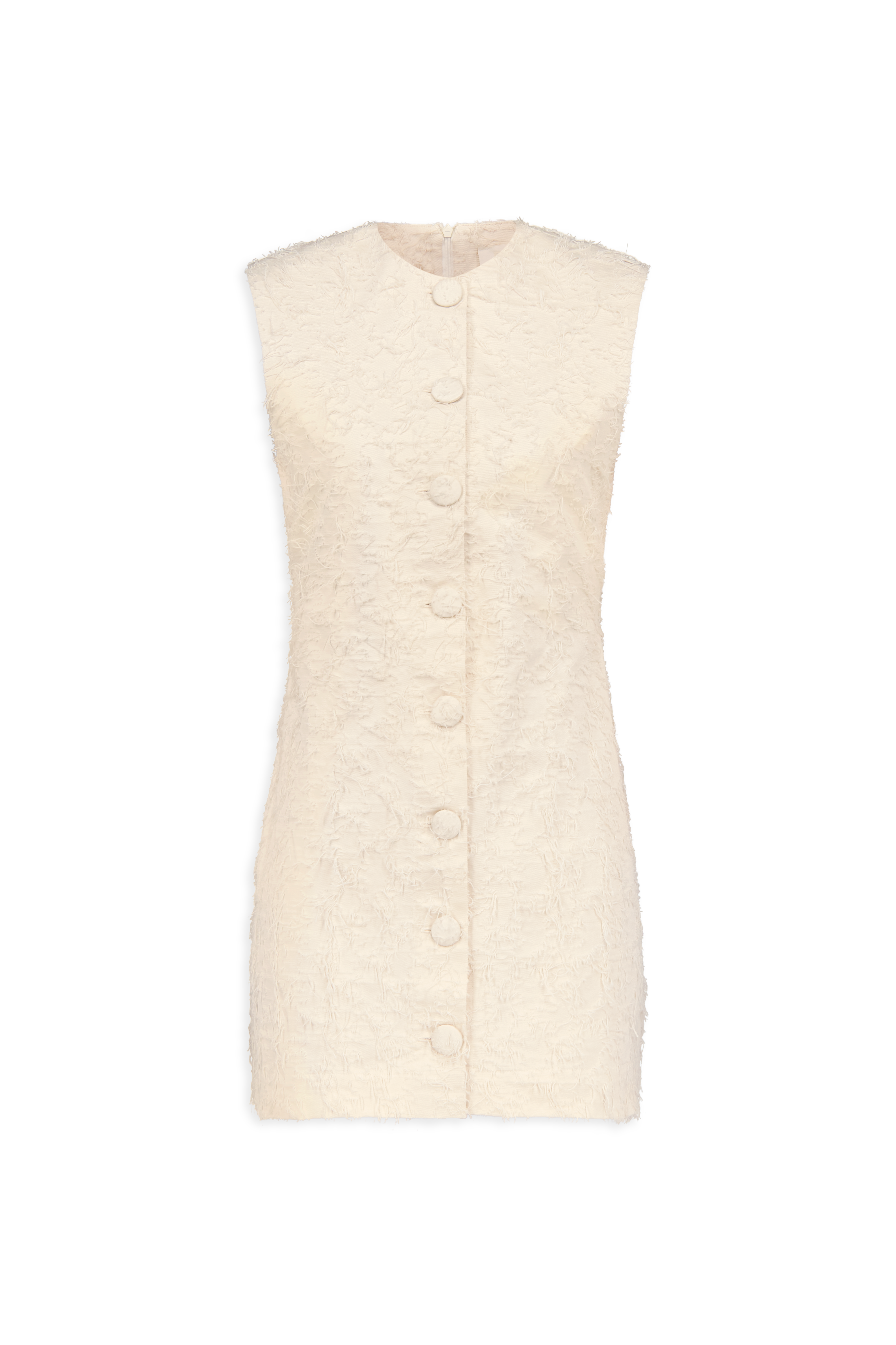 Cream textured sleeveless dress with high neck and button front