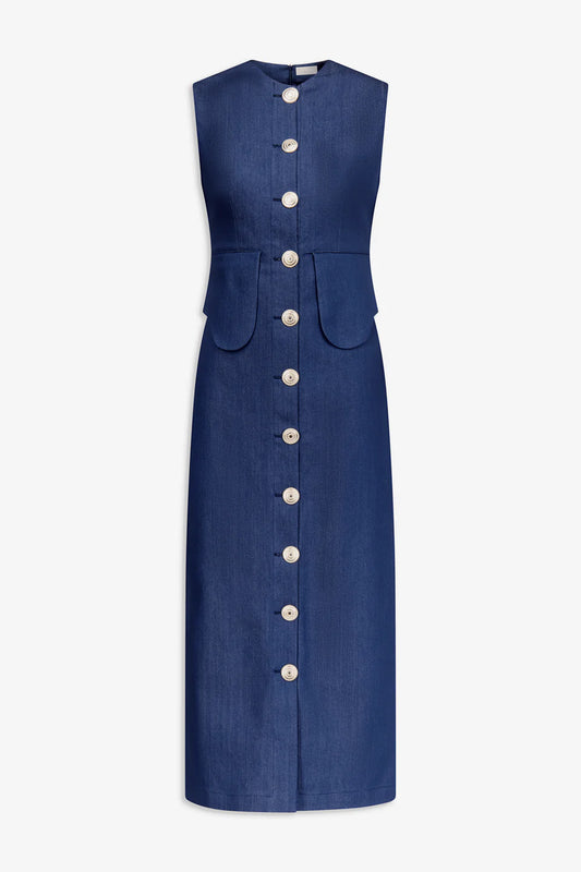 Blue denim sleeveless midi dress