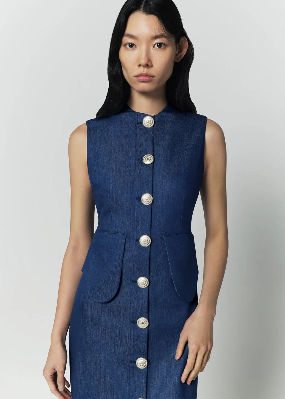 Blue denim sleeveless midi dress