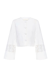 White embroidered cropped summer jacket with button front and lace sleeve inserts