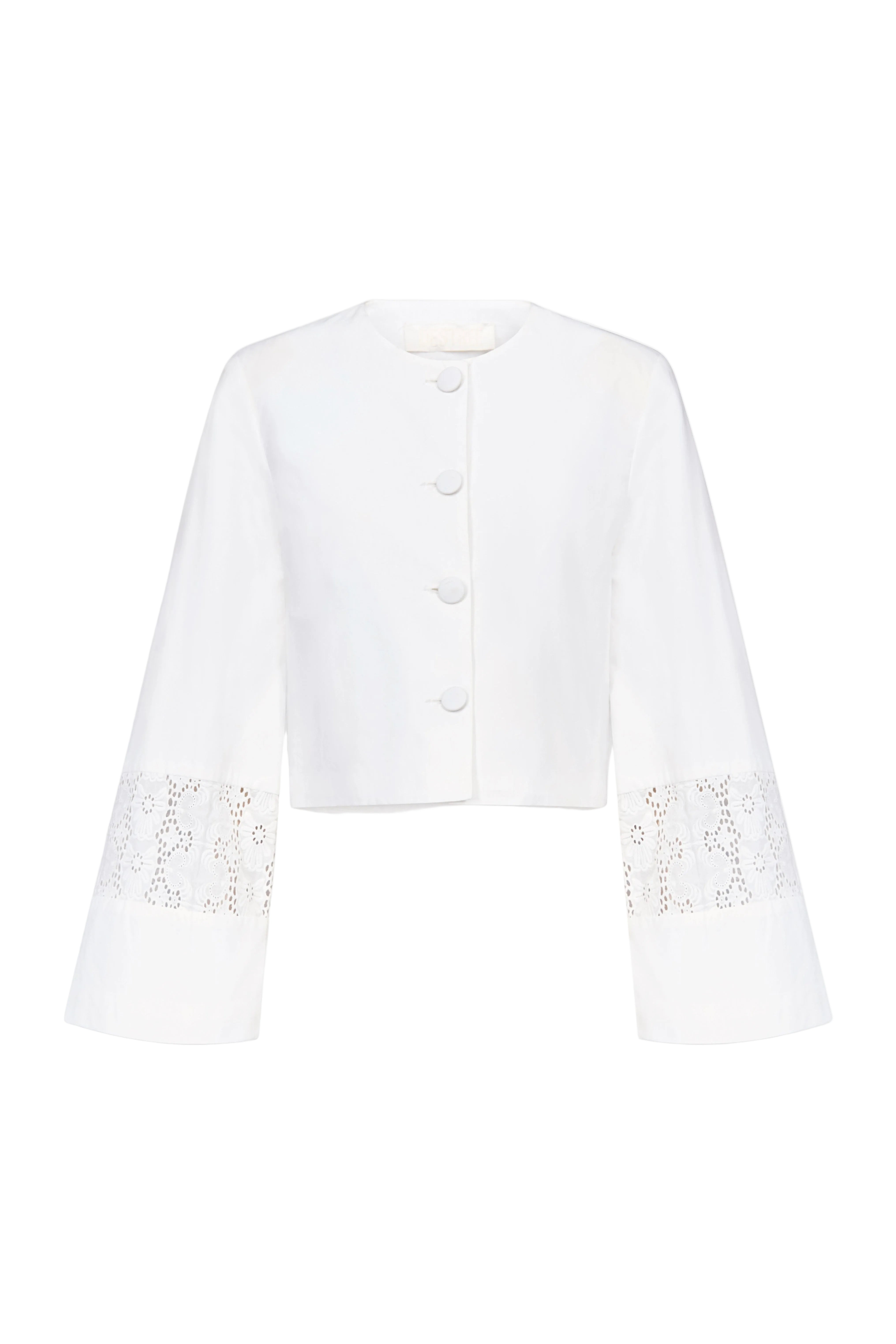 White embroidered cropped summer jacket with button front and lace sleeve inserts