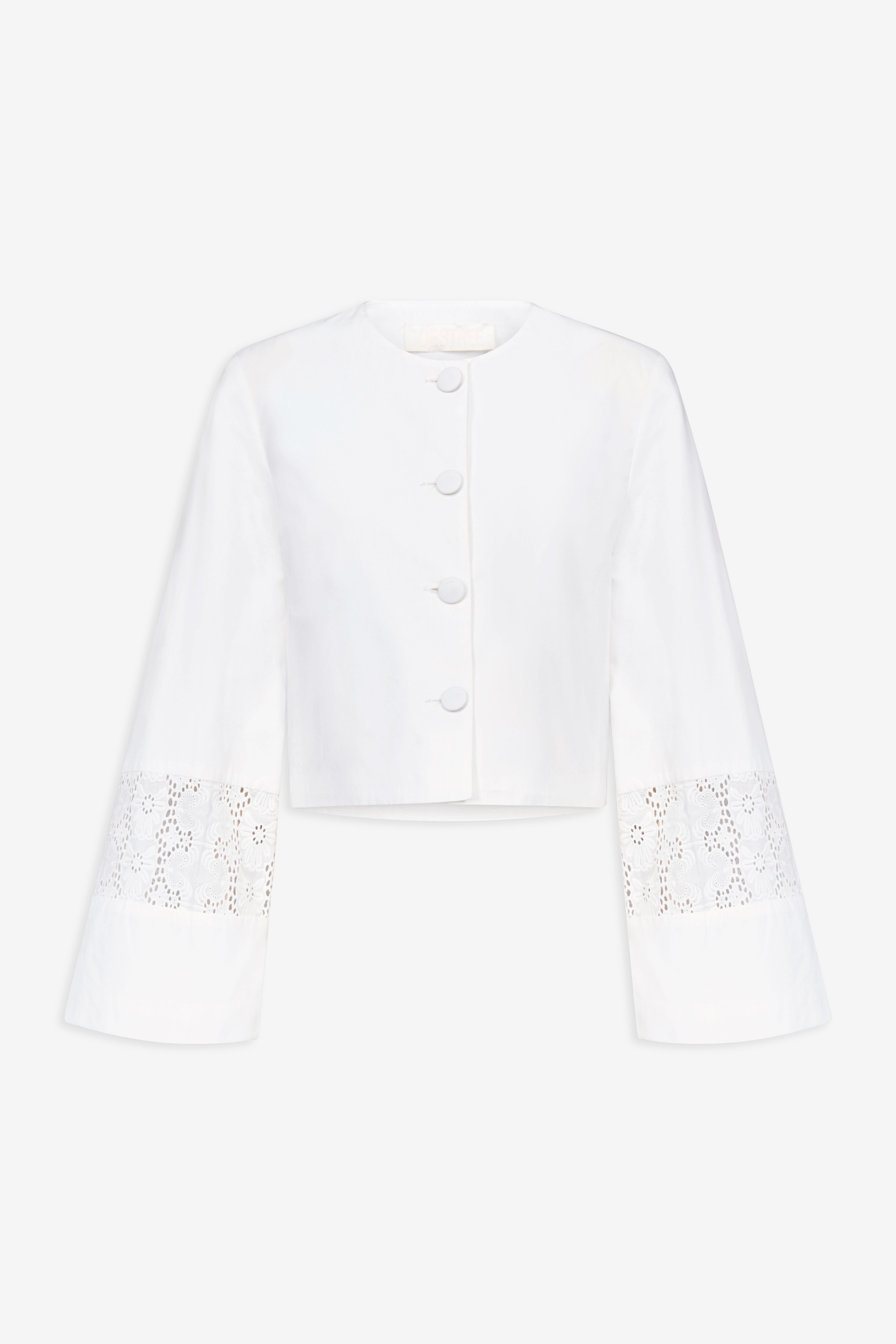 White summer jacket with button placket and lace embroidered cuffs, cropped length