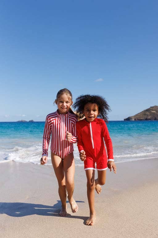 Girls' red-and-white striped rash guard with long sleeves and high collar