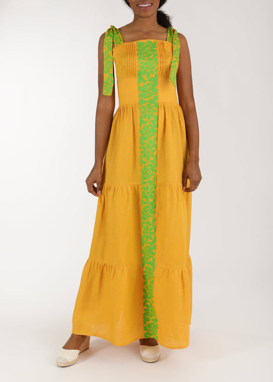Gardenia Collection Embroidered Raya Maxi Dress - Yellow, Lime Green