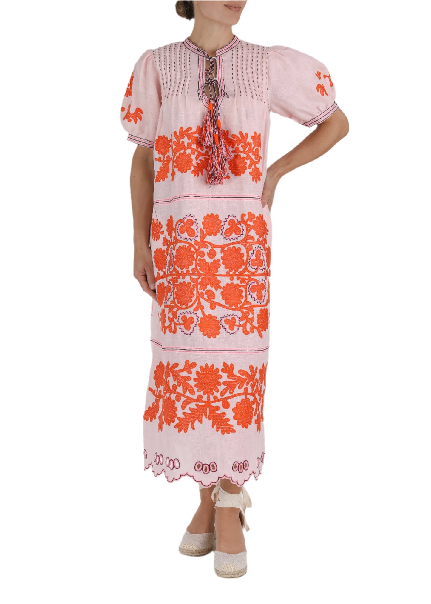 Natalia Ukrainian Embroidered Dress - Pink, Orange