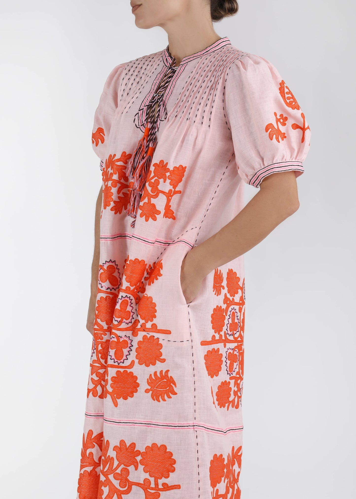 Natalia Ukrainian Embroidered Dress - Peach, Coral